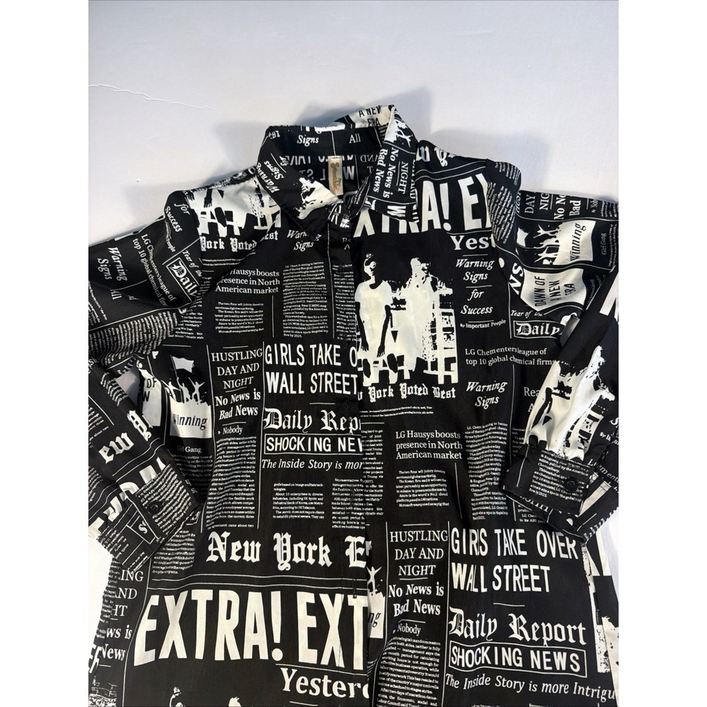Streetwise Y2K Black White Newspaper Print Drawstring Neck Button Up Size Medium